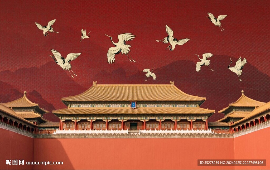 中式故宮紫禁城仙鶴背景墻