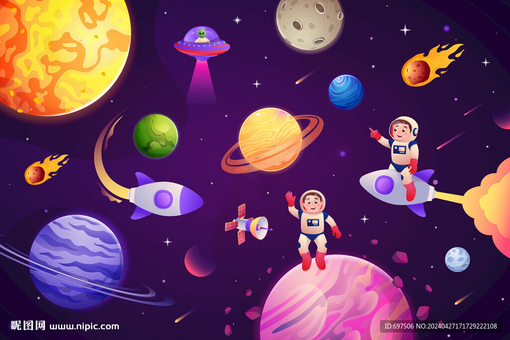 卡通宇航員太空星球宇宙火箭背景