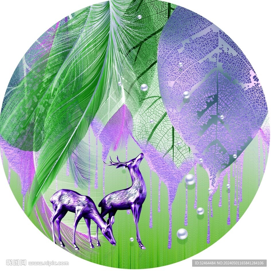 抽象葉子麋鹿圓形畫