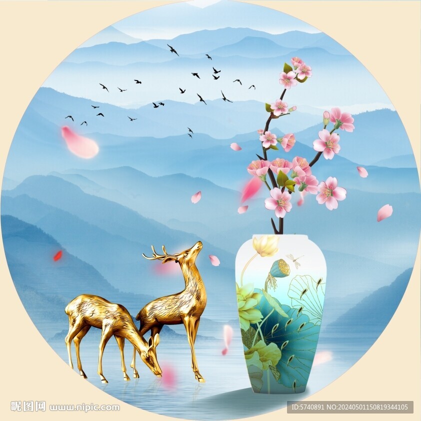 圓形意境山水麋鹿