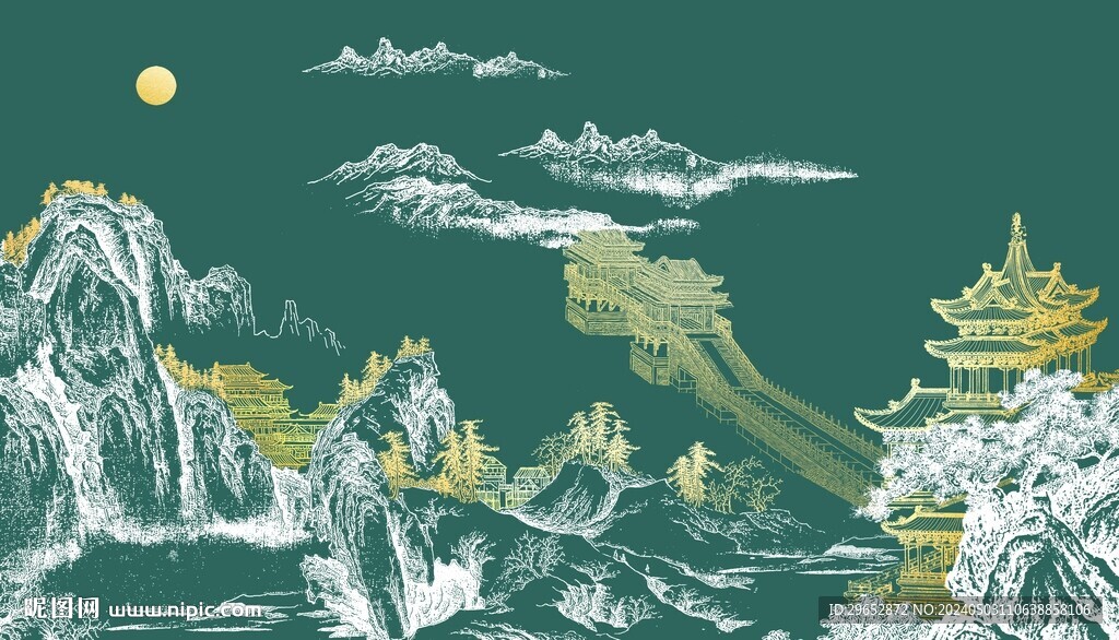 手繪山水亭臺樓閣