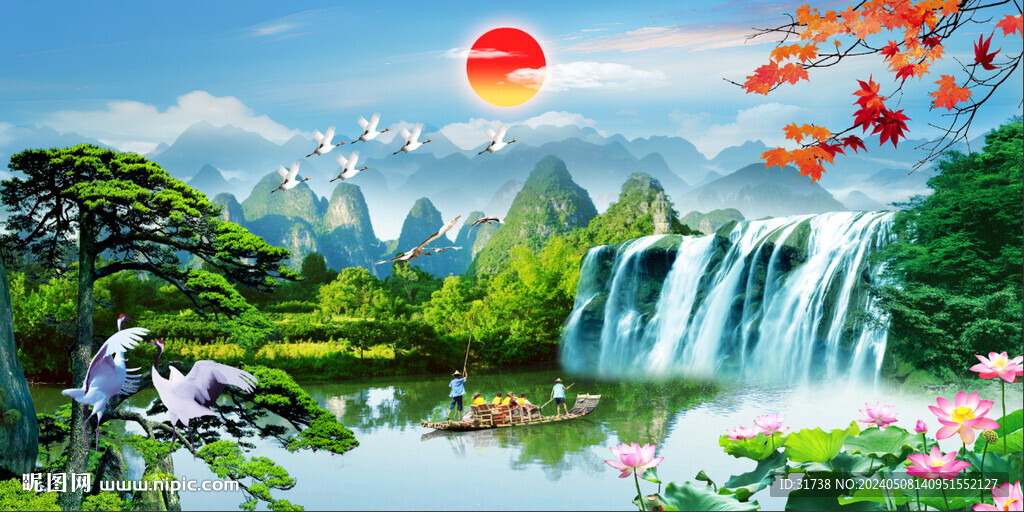 旭日東升瀑布山水畫