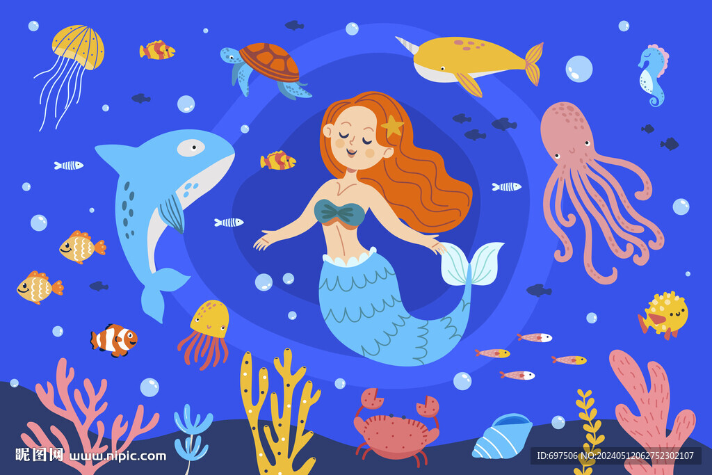 卡通海底世界可愛美人魚海豚背景