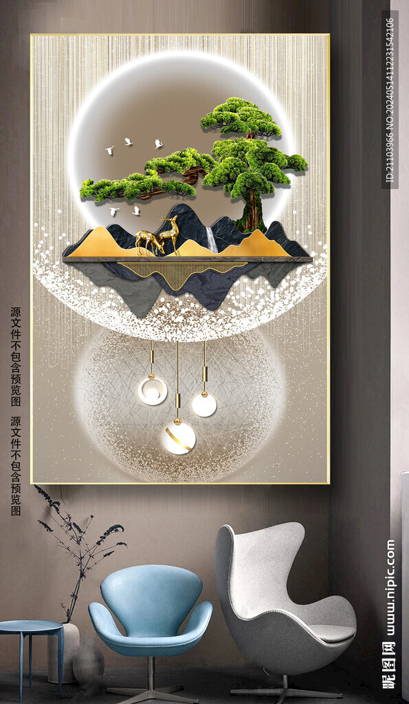 新中式禪意迎客松發(fā)財鹿山水掛畫