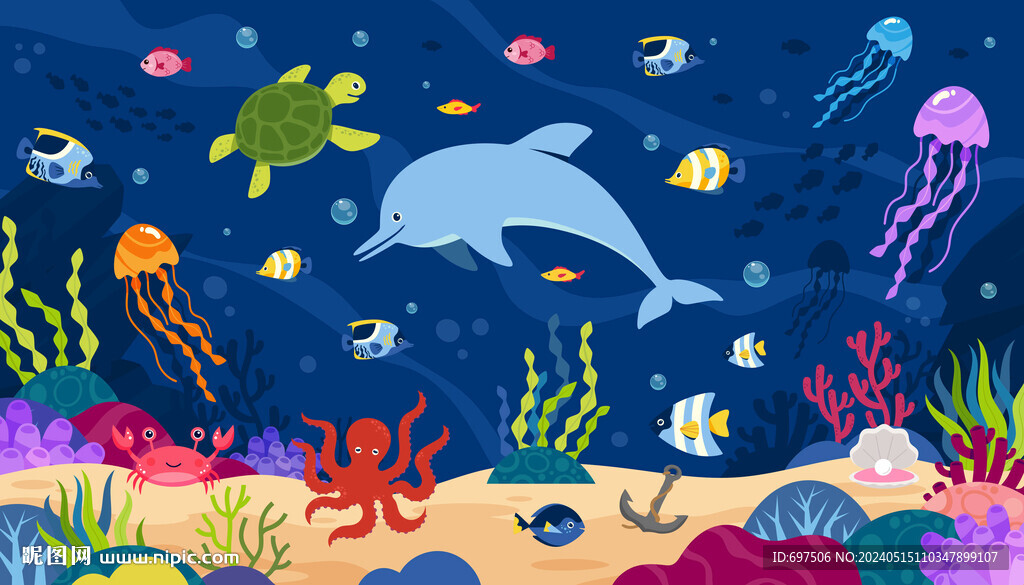 卡通海底世界海豚熱帶魚珊瑚背景