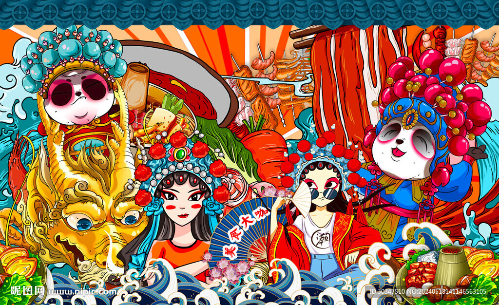 國潮熊貓插畫美女火鍋背景