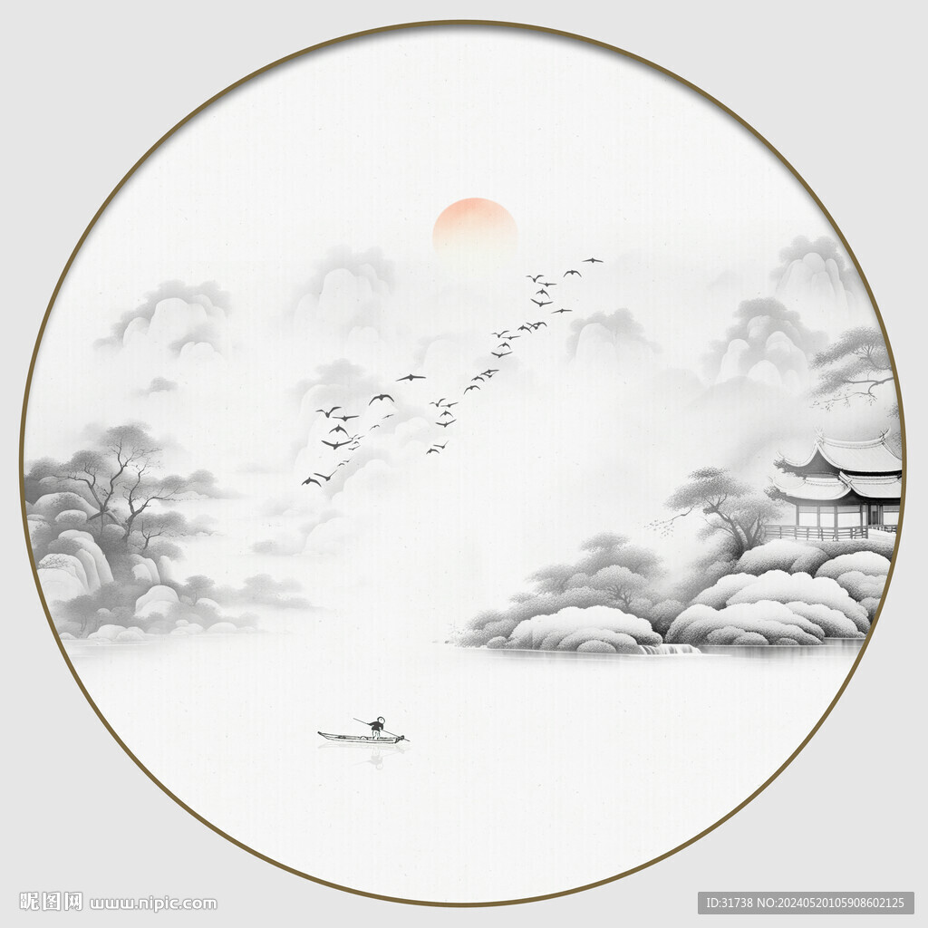 圓形山水小品水墨畫