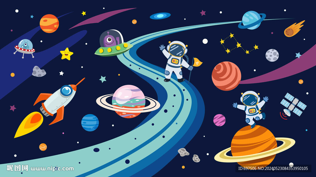 外太空宇航員卡通宇宙星球背景墻