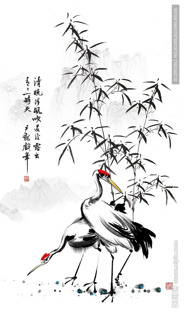 仙鶴竹子圖