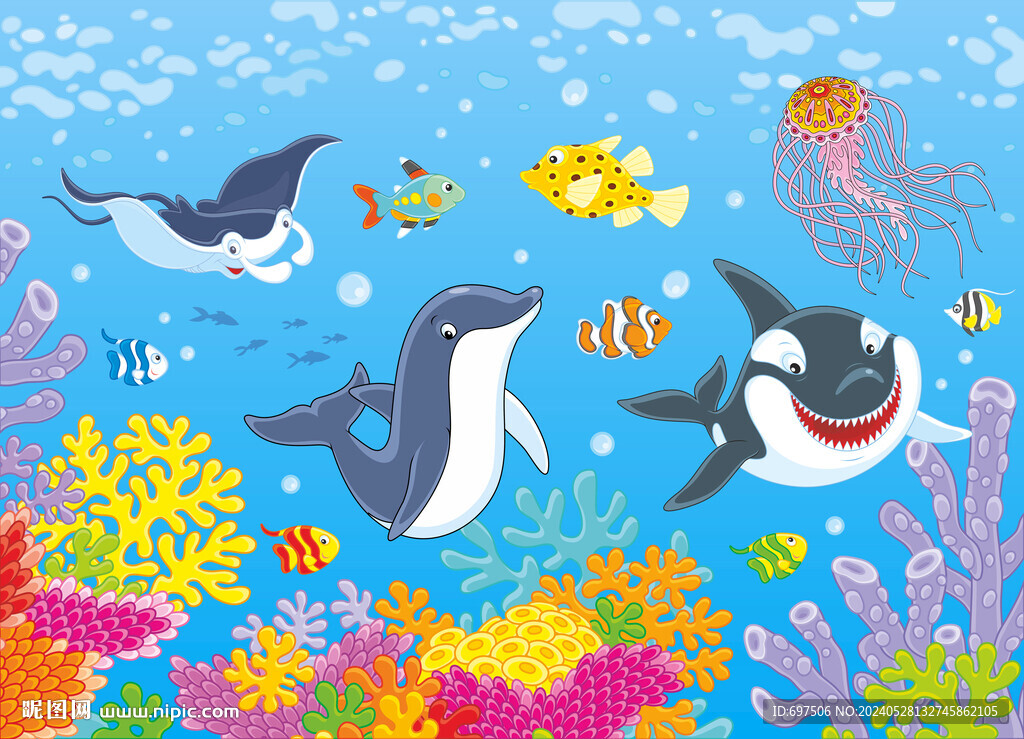 卡通鯊魚海豚海底生物珊瑚背景墻