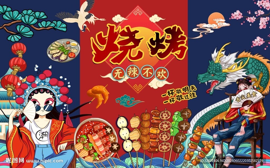 國潮燒烤背景墻圖片