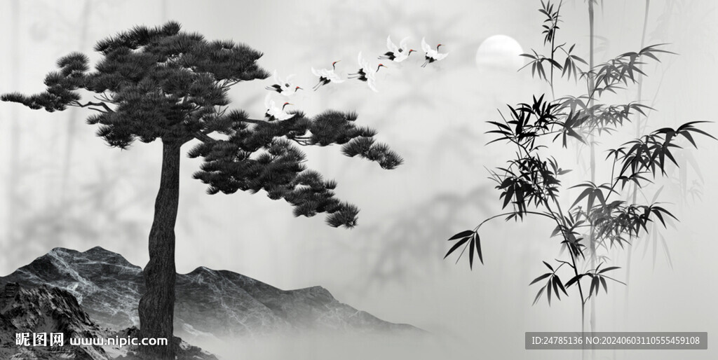 新中式水墨竹子枯樹山水背景