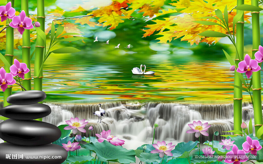 美景流水生財(cái)自然風(fēng)光背景墻
