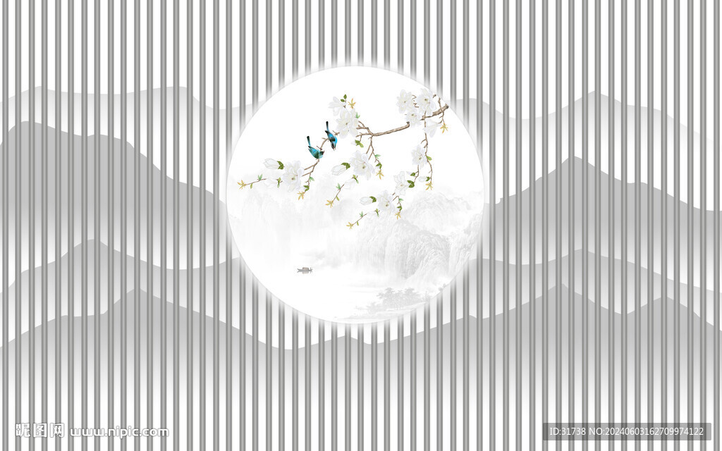 新中式水墨山水木格柵背景墻