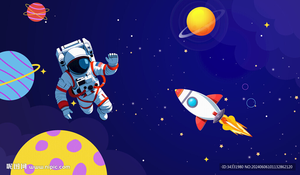 太空宇宙星球卡通宇航員星空背景
