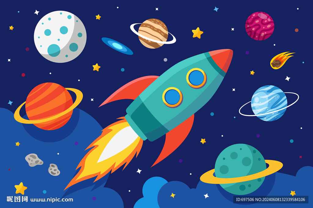 卡通太空星球宇宙火箭兒童背景墻