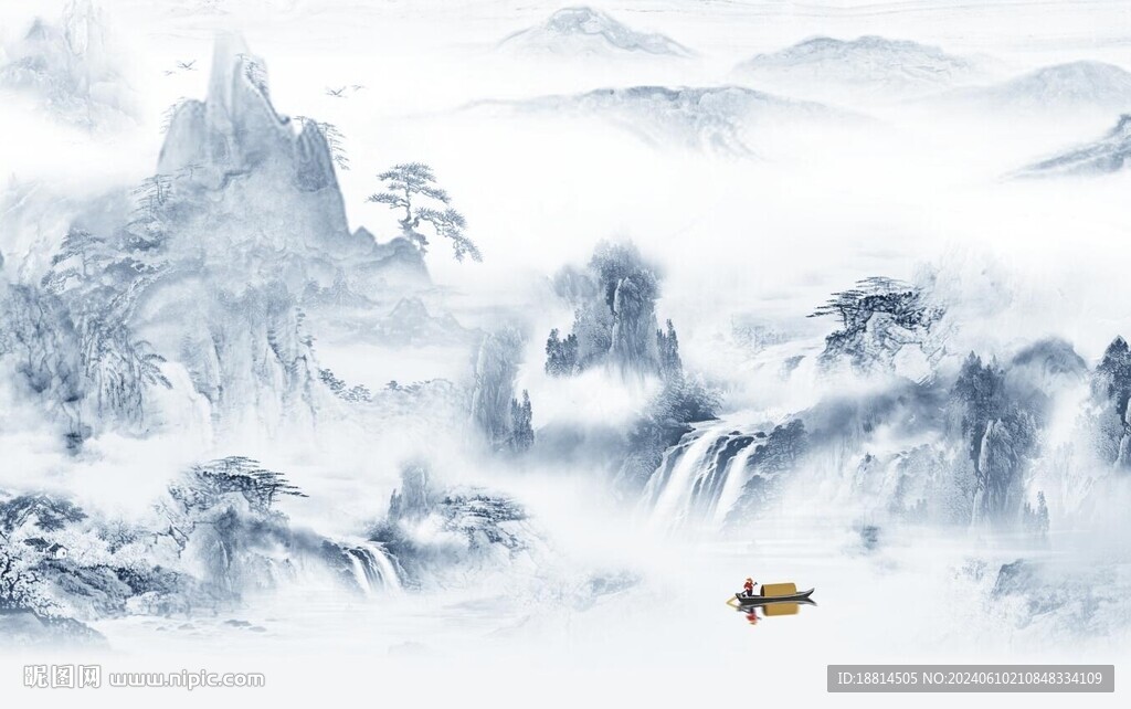 高山流水小船中式背景墻