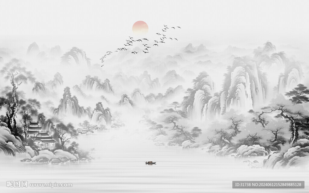 灰色水墨山水畫電視背景墻