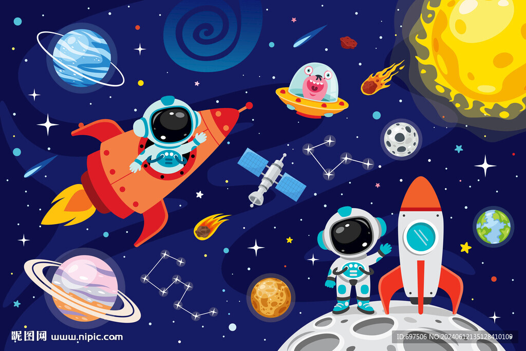 太空宇航員火箭卡通宇宙星球背景