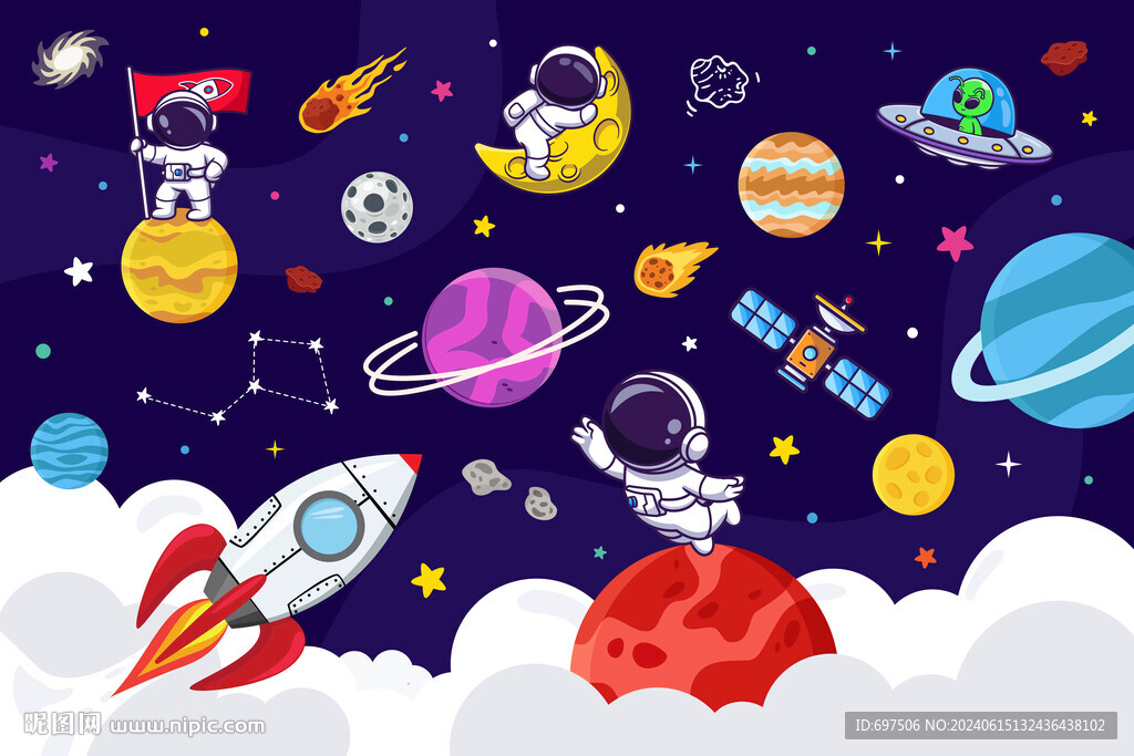 卡通宇航員太空星球宇宙火箭背景