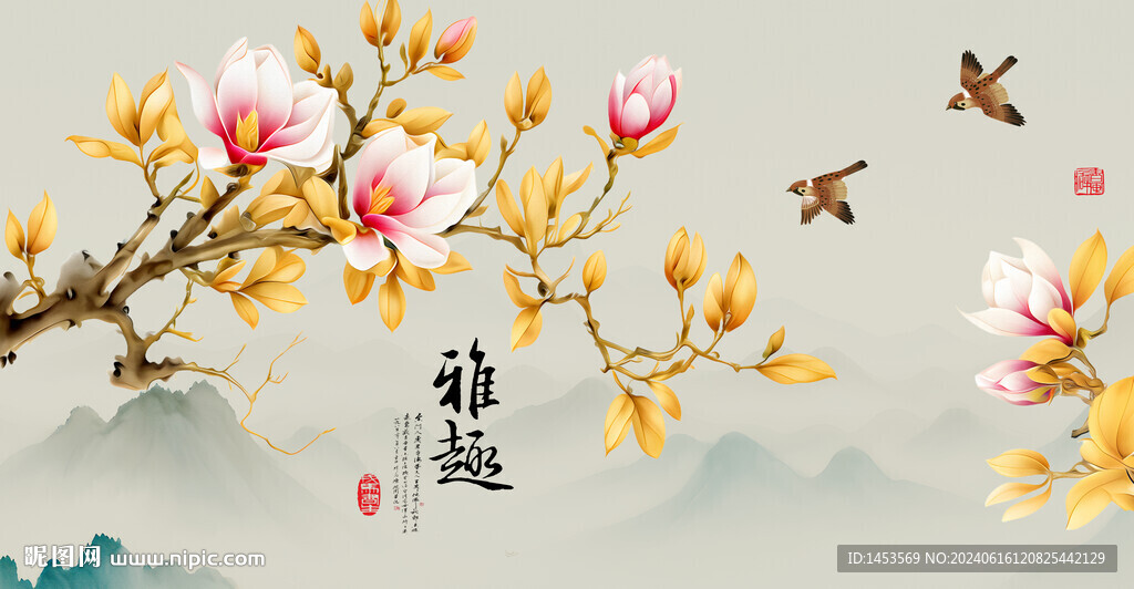 新中式工筆花鳥手繪玉蘭花背景墻