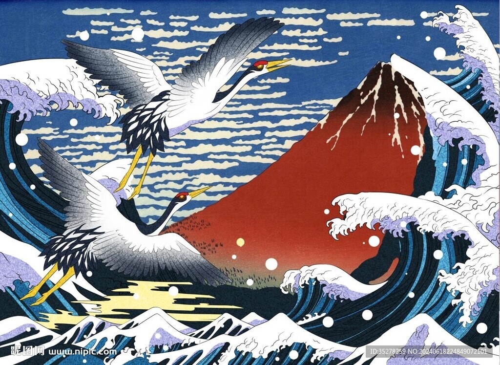 日式浮世繪海浪富士山背景 