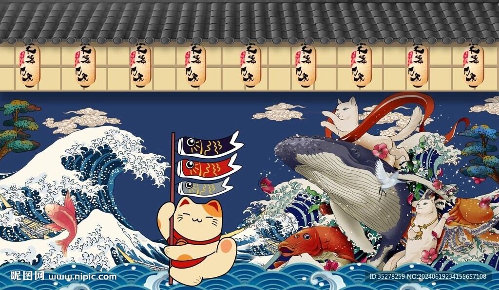 日式浮世繪招財貓背景墻