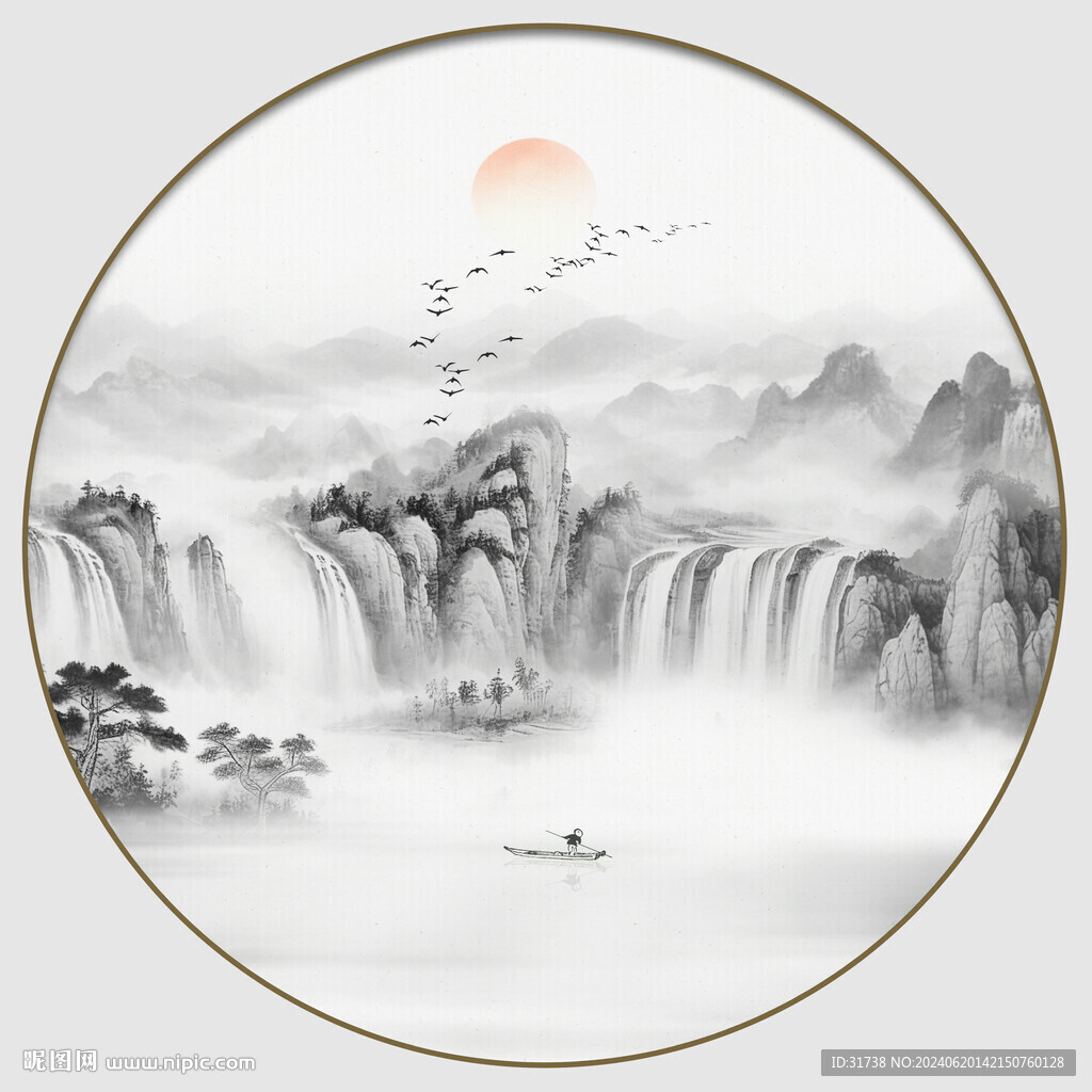 圓形新中式水墨畫