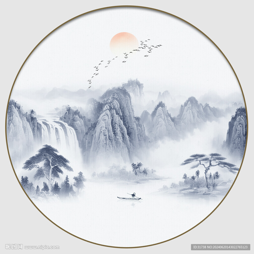 圓形山水水墨畫
