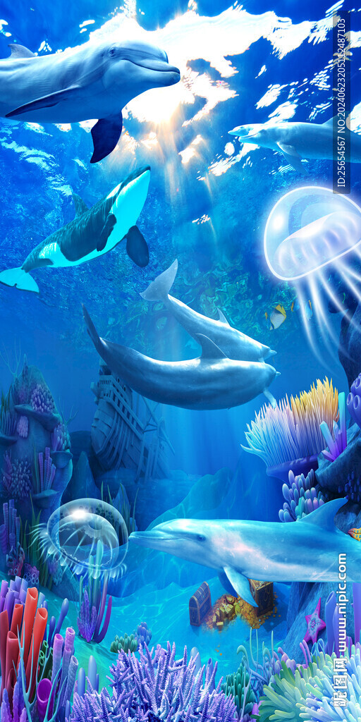 深海海底海豚美景玄關