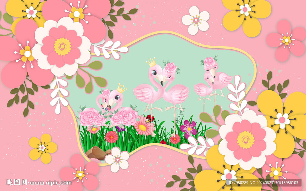 花朵火烈鳥直播間背景墻 