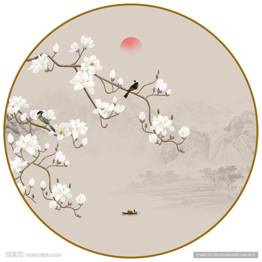 圓形玉蘭花鳥畫