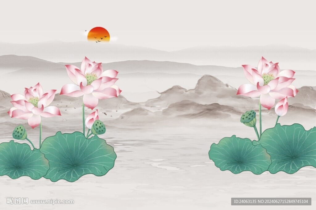 中式荷花山水背景墻