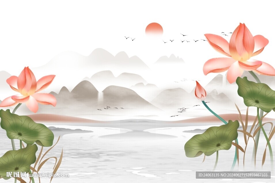 新中式荷花山水背景墻