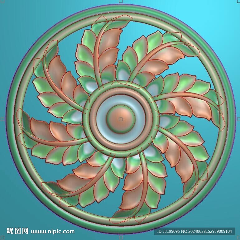 圓形扇葉洋花門花精雕圖灰度圖