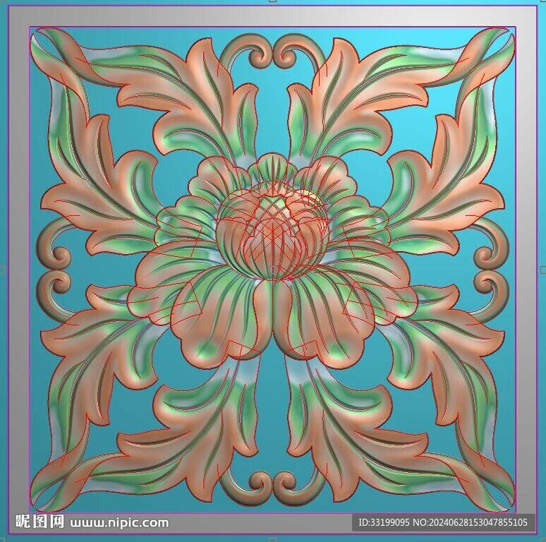正方形洋花門花精雕圖灰度圖貼花