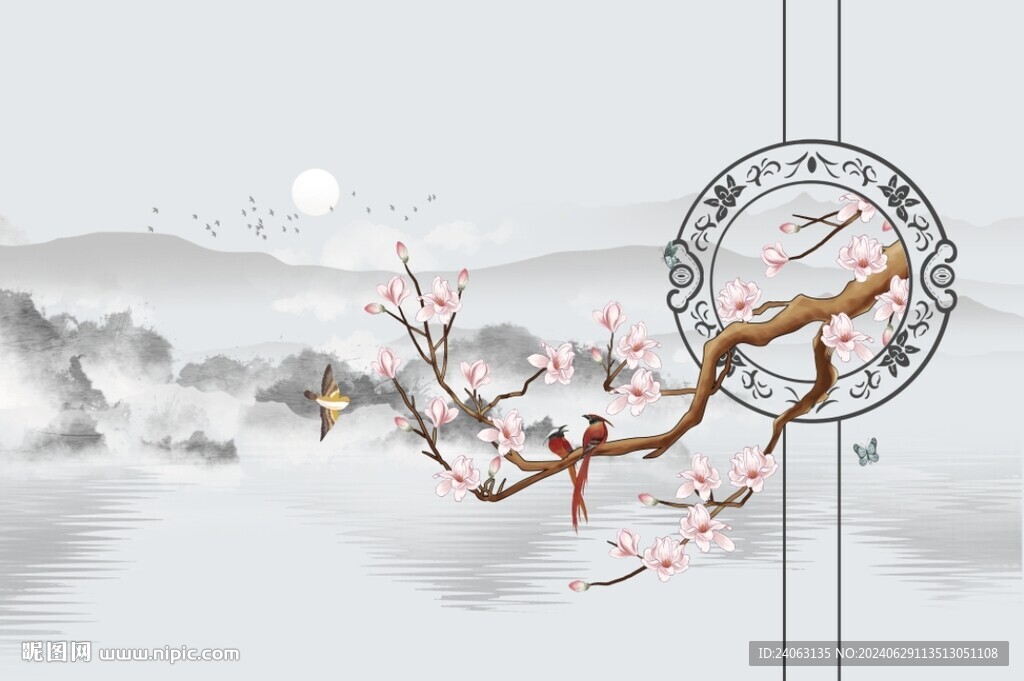 中式花鳥背景墻