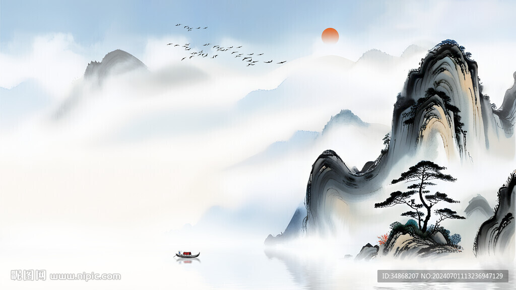 新中式藍色意境水墨山水電視背景