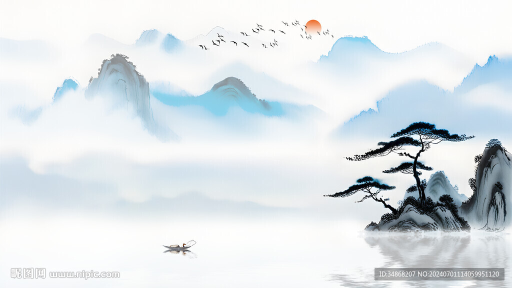中式山水畫電視背景水墨山水裝飾