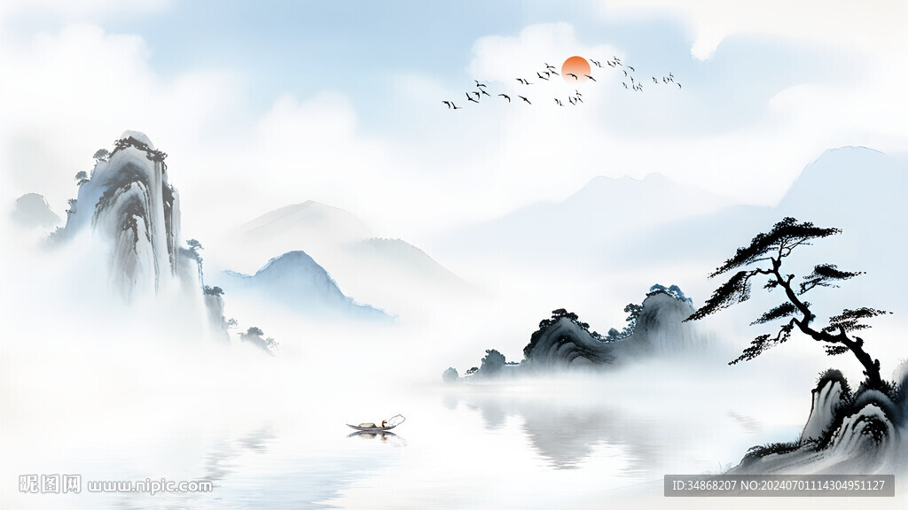 簡約水墨畫山水電視沙發背景
