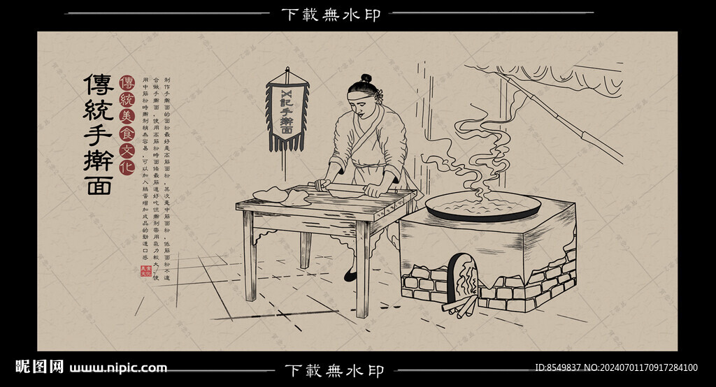 古代傳統手搟面手繪圖