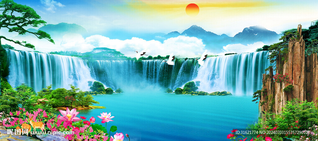 山水風景壁畫 流水生財圖 
