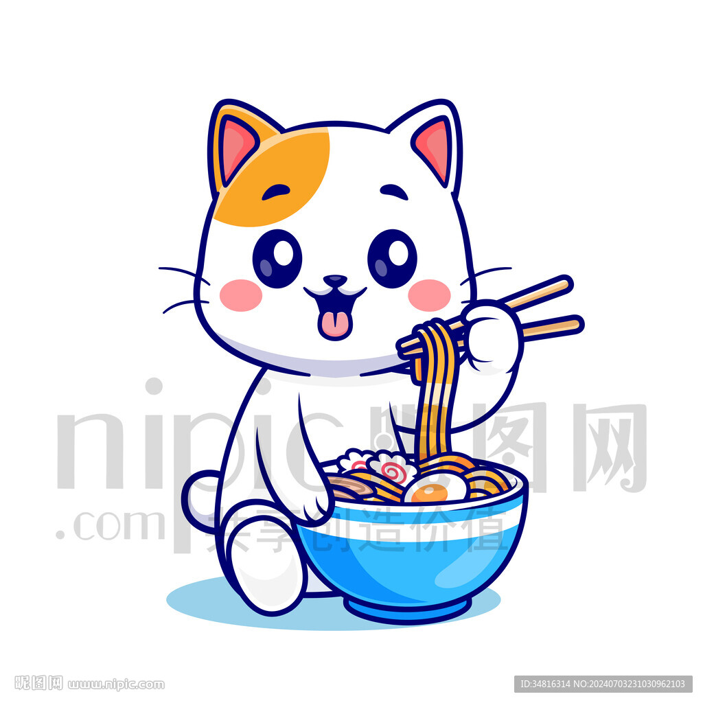 可愛卡通吃面的貓咪