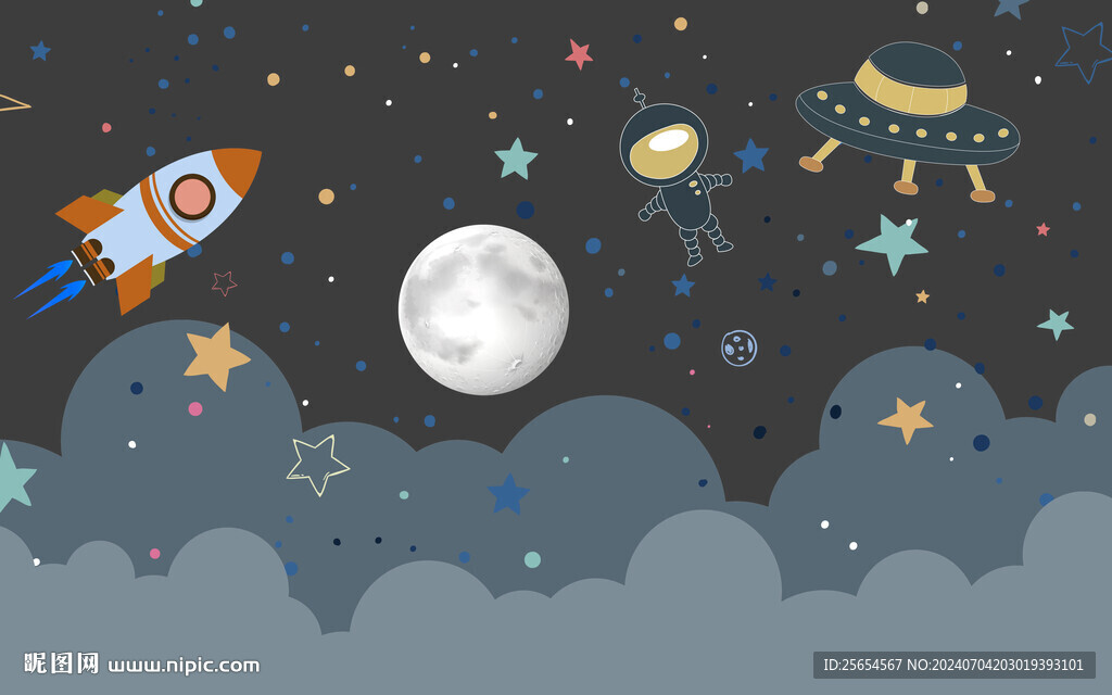 星空卡通航行太空兒童房背景墻