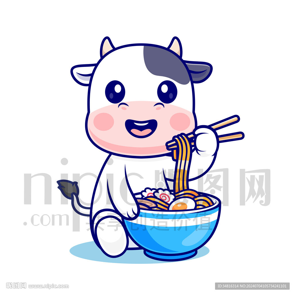 可愛(ài)卡通吃面的牛
