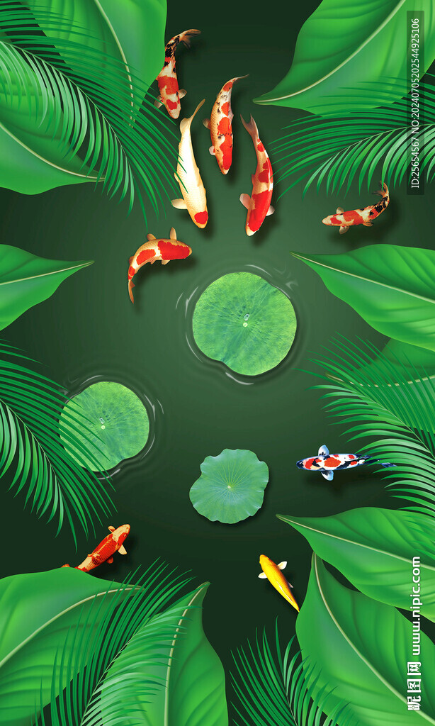 3D池塘九魚如意地板畫