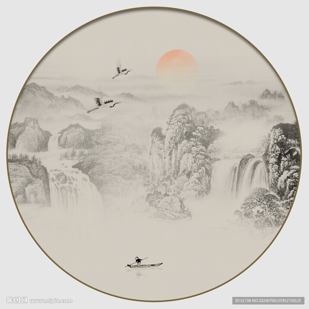 圓形山水水墨畫