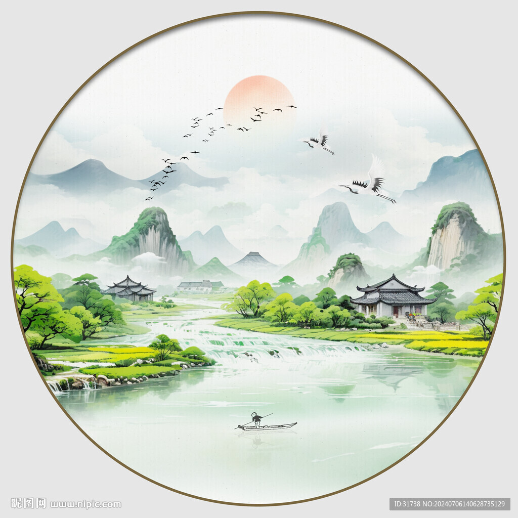 圓形水墨山水玄關(guān)畫