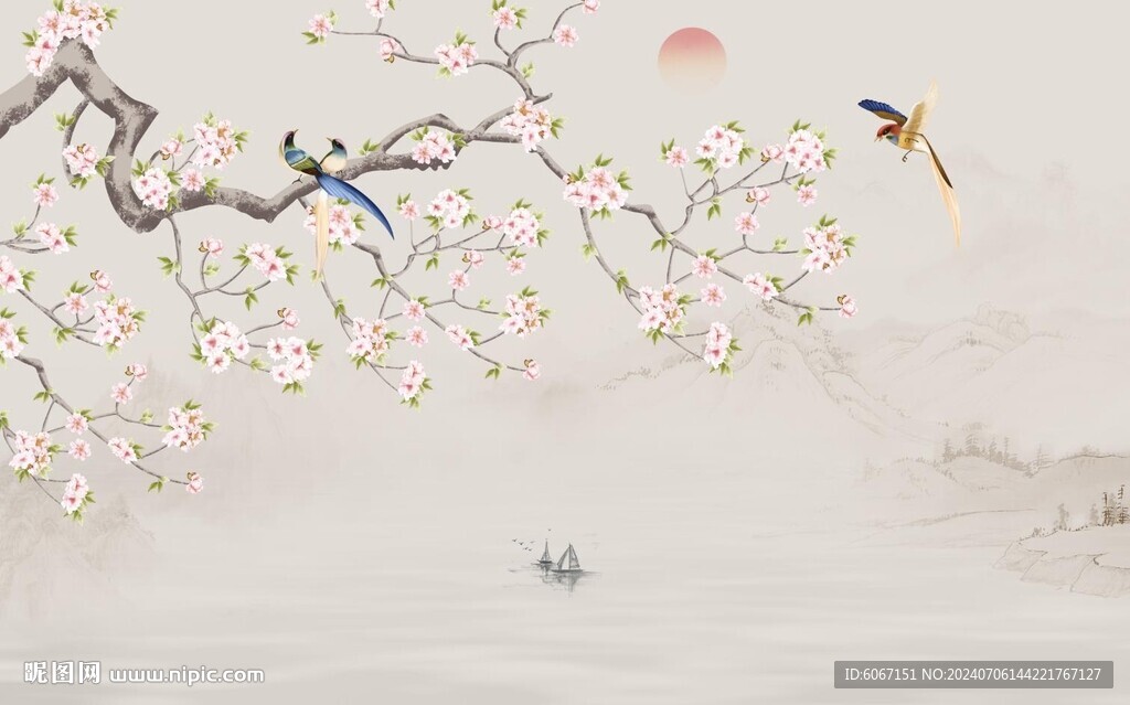 新中式工筆花鳥(niǎo)畫(huà)背景墻