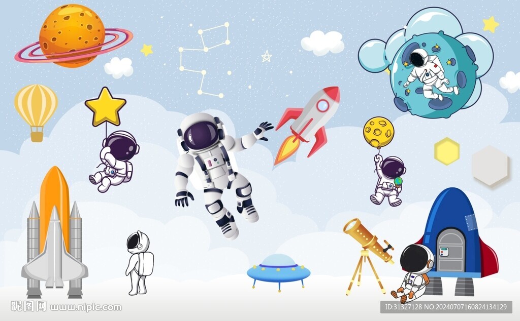 卡通火箭太空兒童房背景墻圖片 